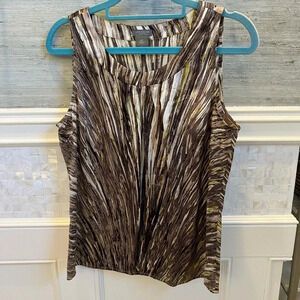 Ann Taylor mp brown white green sleeveless silk top high neck medium petite